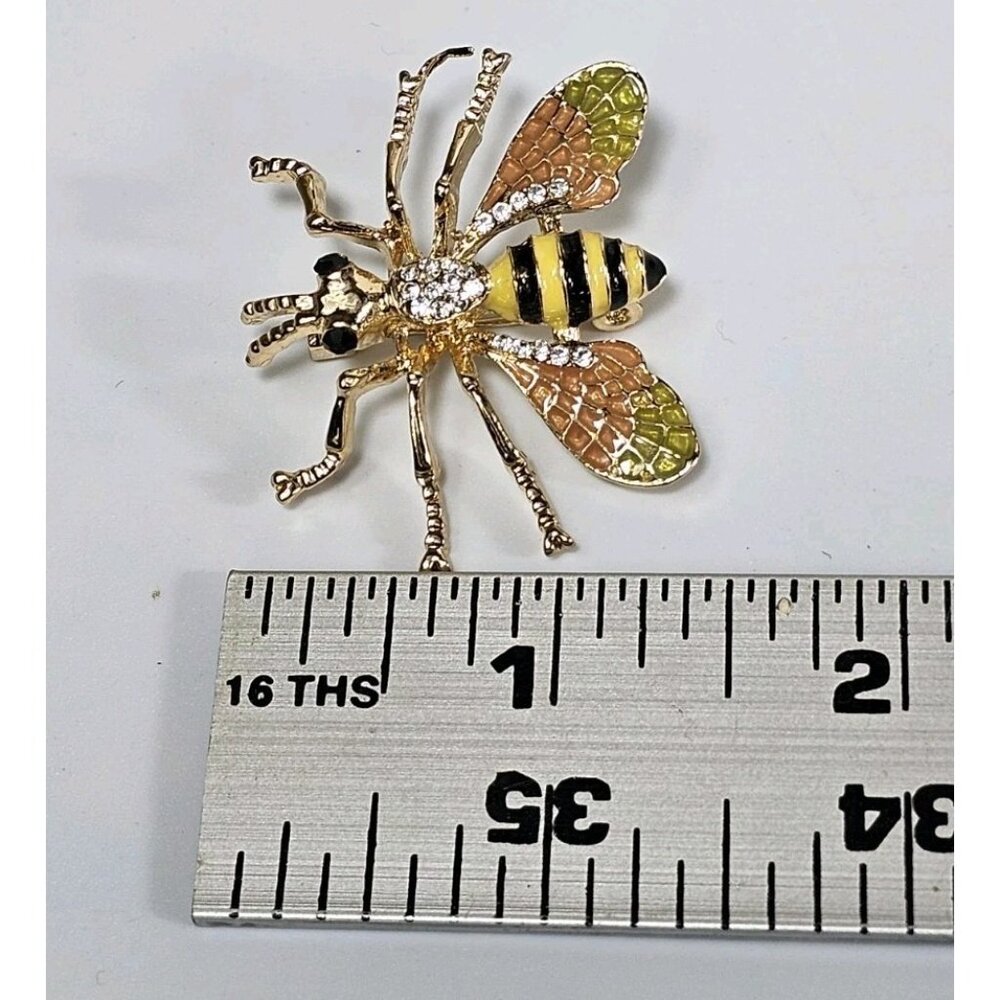 Gold Tone Bee Brooch Pin with Rhinestones & Enamel Wings Insect VTG - Picture 6 of 6